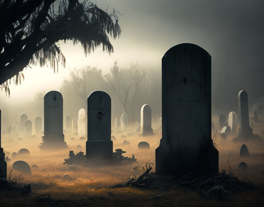 Foggy graveyard scene with silhouetted headstones at twilight