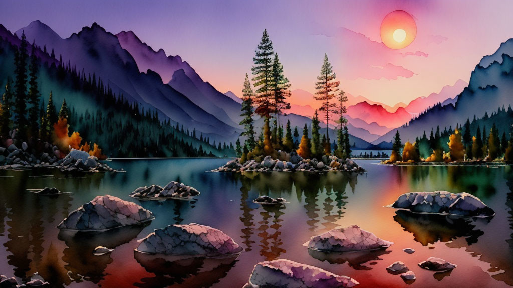 Tranquil Mountain Lake Sunset with Colorful Sky