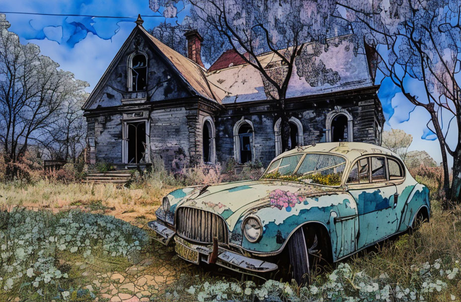 Illustration of abandoned Gothic house and rusting car in nature under blue sky