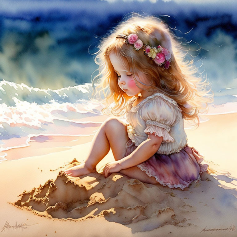 Young girl with floral headband playing on beach in warm sunlight