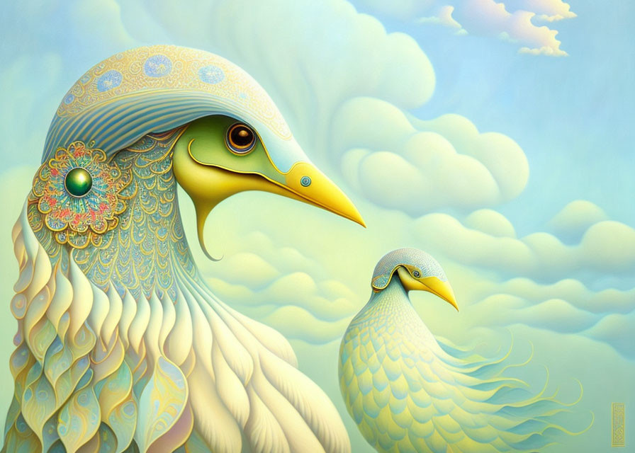 Whimsical illustration of stylized birds with decorative plumage in pastel sky