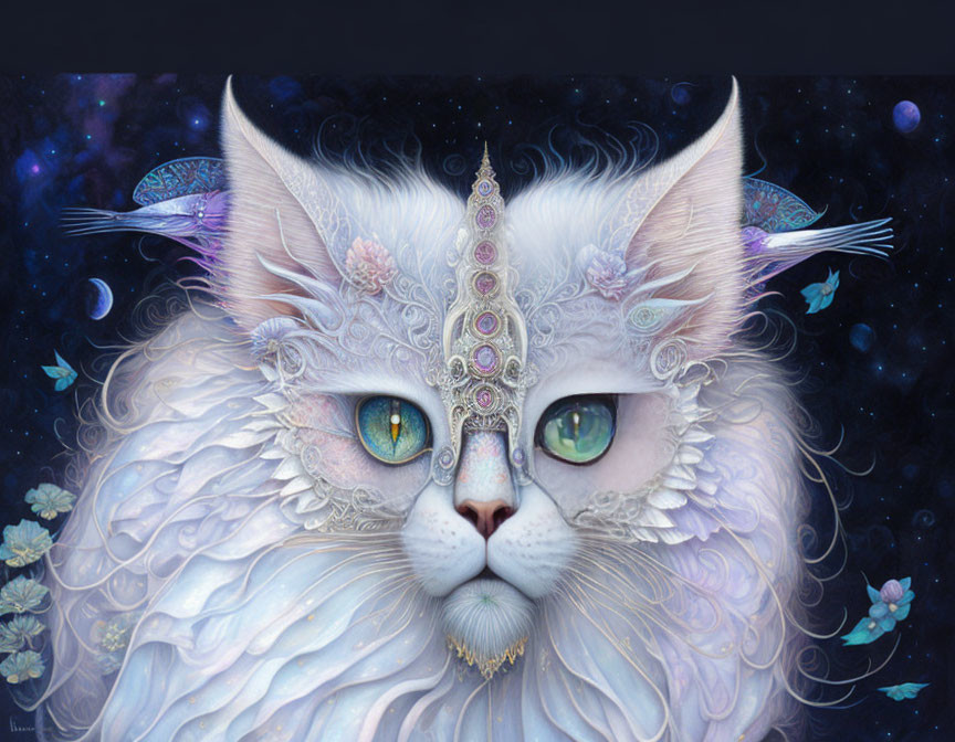 White Cat with Heterochromia in Cosmic Setting with Stars and Butterflies