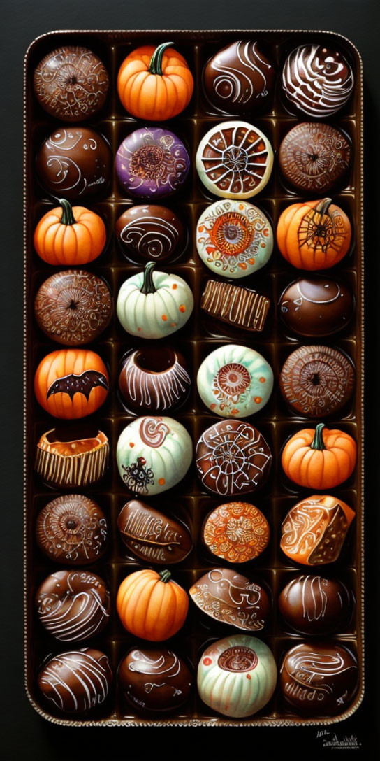 Assorted autumn-themed chocolates in decorative box