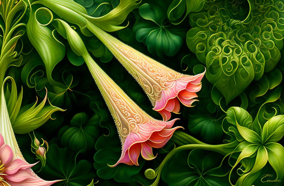 Digital artwork featuring pink trumpet-shaped flowers and lush green leaves in a blend of realism and fantasy.