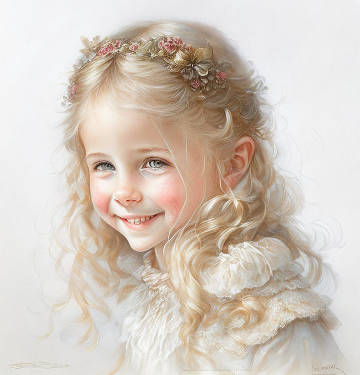 Smiling young girl with curly blonde hair in floral headpiece and cream dress