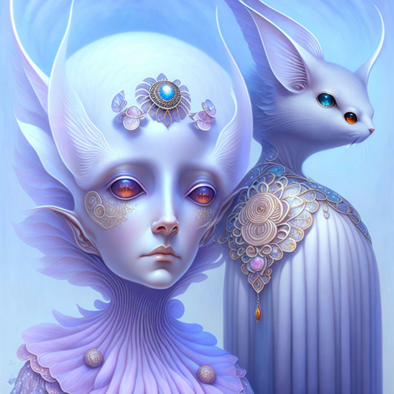 Fantasy illustration of pale figure with gemstone adornments and companion creature.