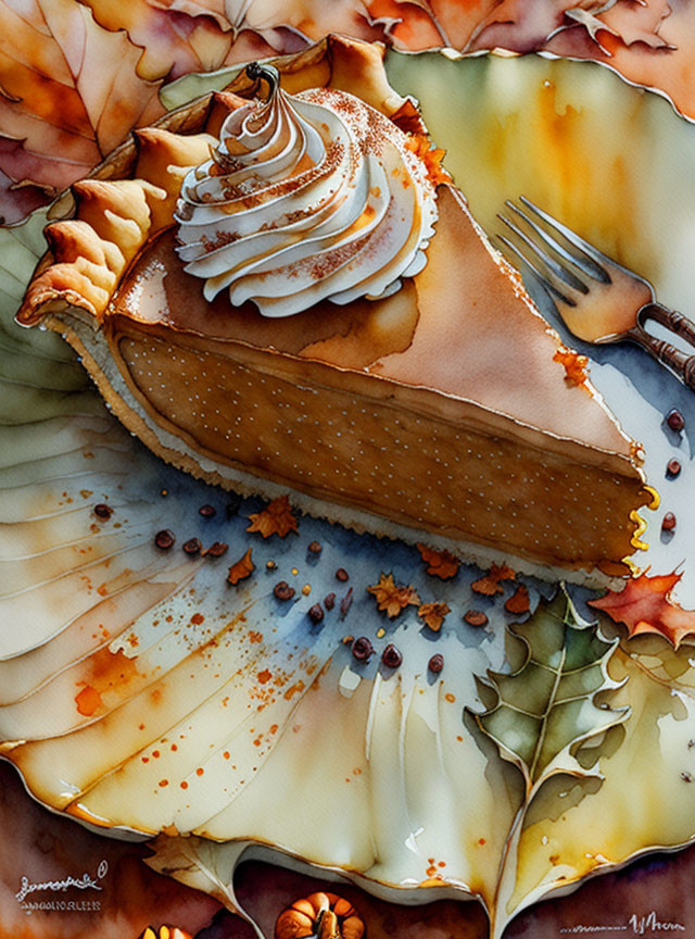 Watercolor painting of pumpkin pie slice with whipped cream, autumn leaves, and berries.