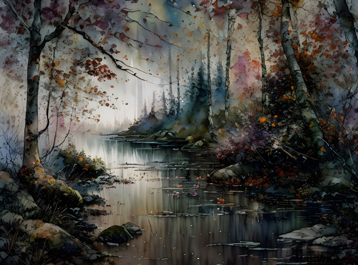 Tranquil watercolor forest scene with autumnal trees, serene river, mist, fallen leaves