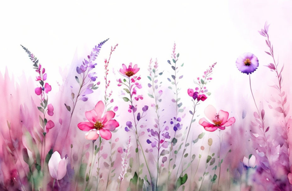 Delicate Watercolor Painting of Pastel Flowers and Foliage