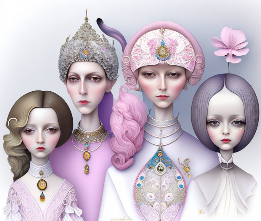 Four Stylized Women with Elaborate Headdresses and Pastel Attire