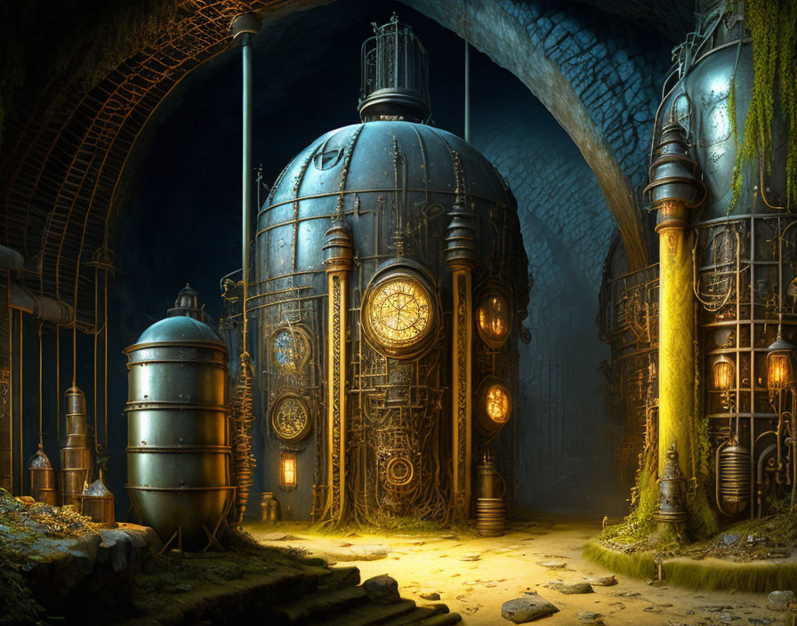 Steampunk-style underground chamber with glowing clocks and machinery