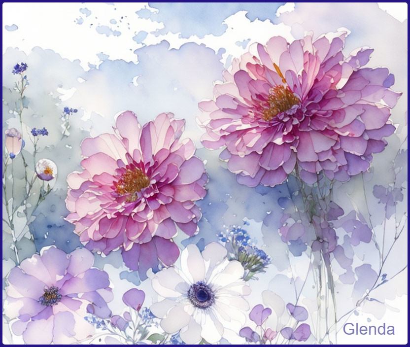 Pink and white flower watercolor painting with blue and purple background and "Glenda" text.