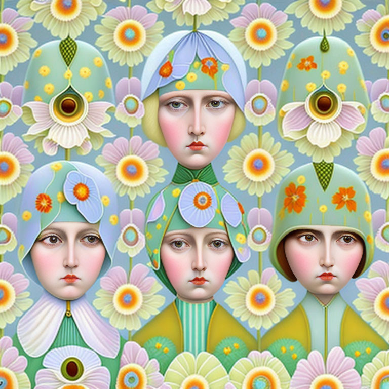 Illustrated Faces with Stoic Expressions and Floral Motifs on Patterned Background