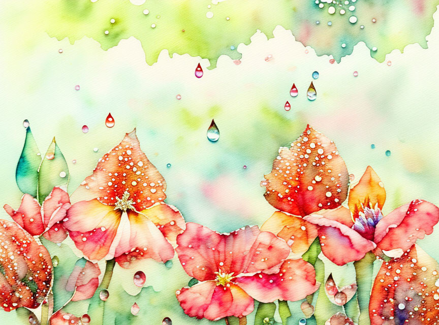 Vibrant watercolor flowers with dewdrops in soft green, yellow, and pink hues