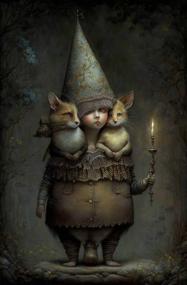 Surreal painting: Character with conical hat, fox-like creatures, candlestick in enchanted forest