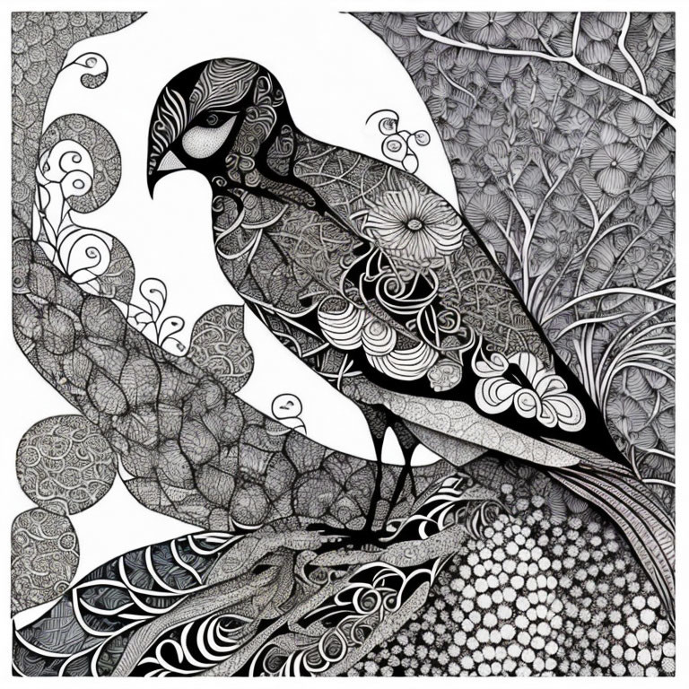 Detailed Monochrome Bird Illustration with Intricate Patterns