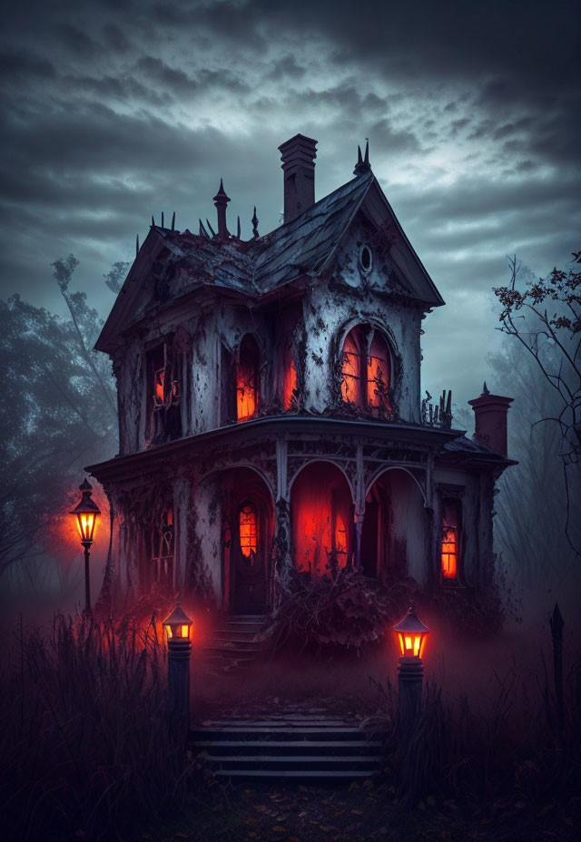 Eerie Victorian house at night with red glow and mist