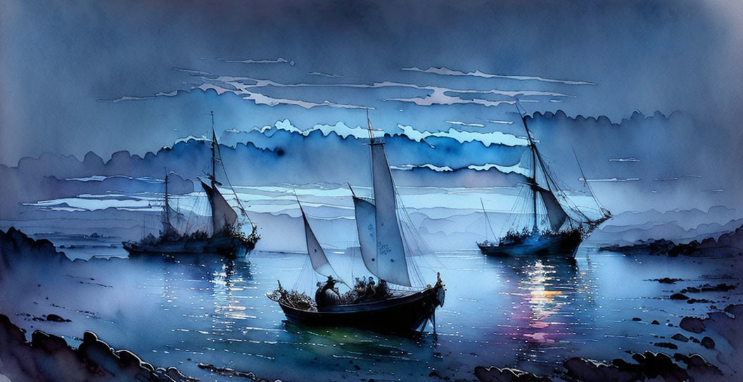 Sailboats in serene night sea with ethereal watercolor reflection