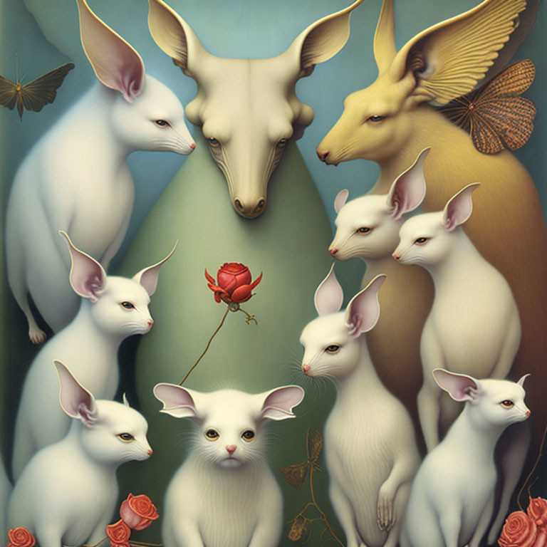 Surreal painting with white mice, rose, deer, and butterflies