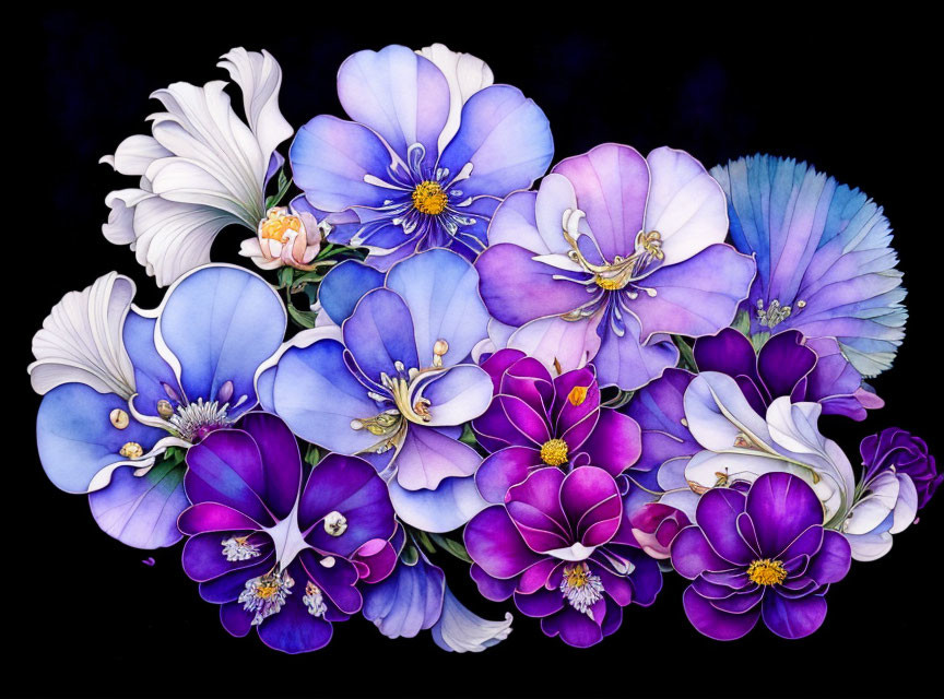 Illustrated Purple and Blue Flowers on Dark Background