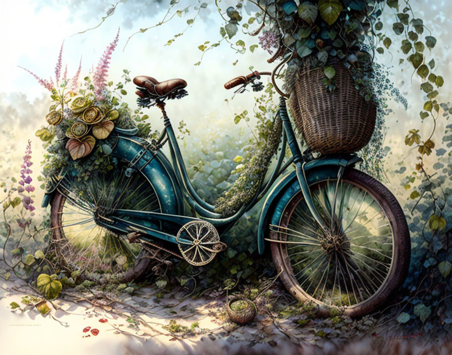 Vintage Scooter Covered in Greenery and Flowers in Enchanted Forest