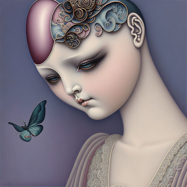 Surrealist portrait with ornate skullcap, butterfly, and elaborate hair detail on purple backdrop