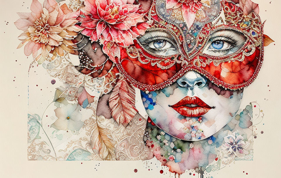 Detailed Watercolor Painting of Woman's Face with Venetian Mask and Flowers