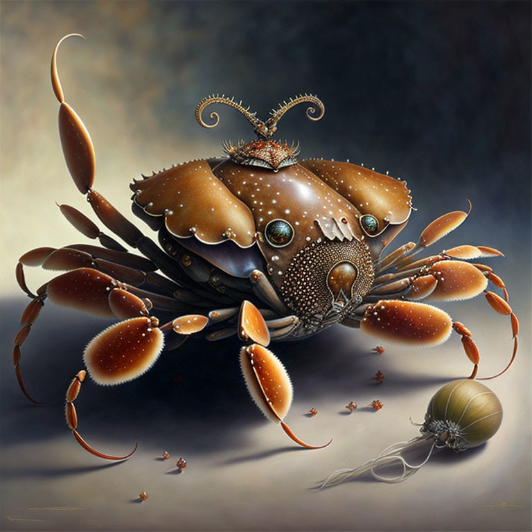 Fantastical Crab with Intricate Shell and Gemstone Eyes