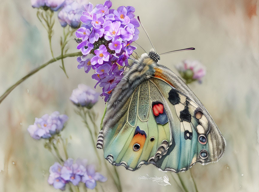 Colorful Butterfly Resting on Purple Flowers in Soft Focus