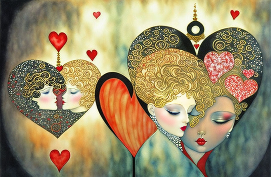 Colorful Artwork: Stylized Female Faces in Heart Shapes