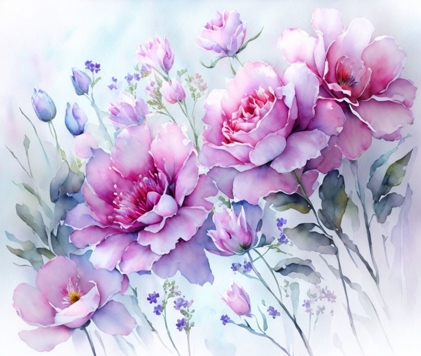 Delicate pink peonies in watercolor with purple and green hues