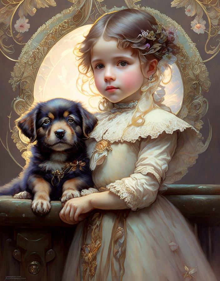 Young girl in vintage dress with small dog under golden arch