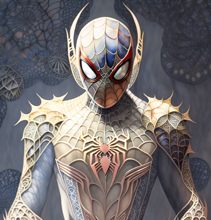 Character in Spider-Man-inspired costume with web-like designs & ornamental shoulder armor