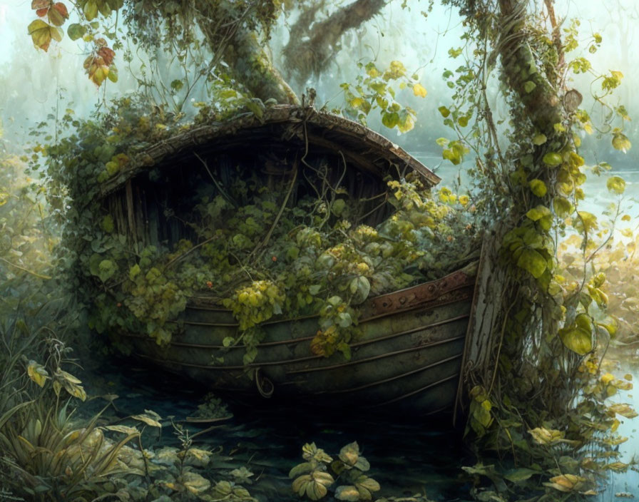 Abandoned wooden boat surrounded by vines in misty forest