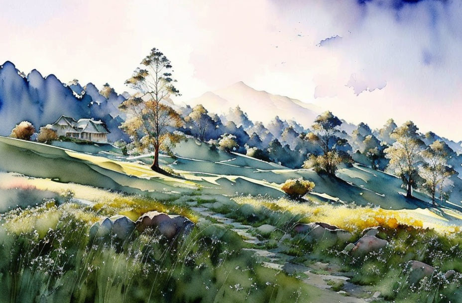 Tranquil landscape watercolor painting with hills, wildflowers, house, and mountains