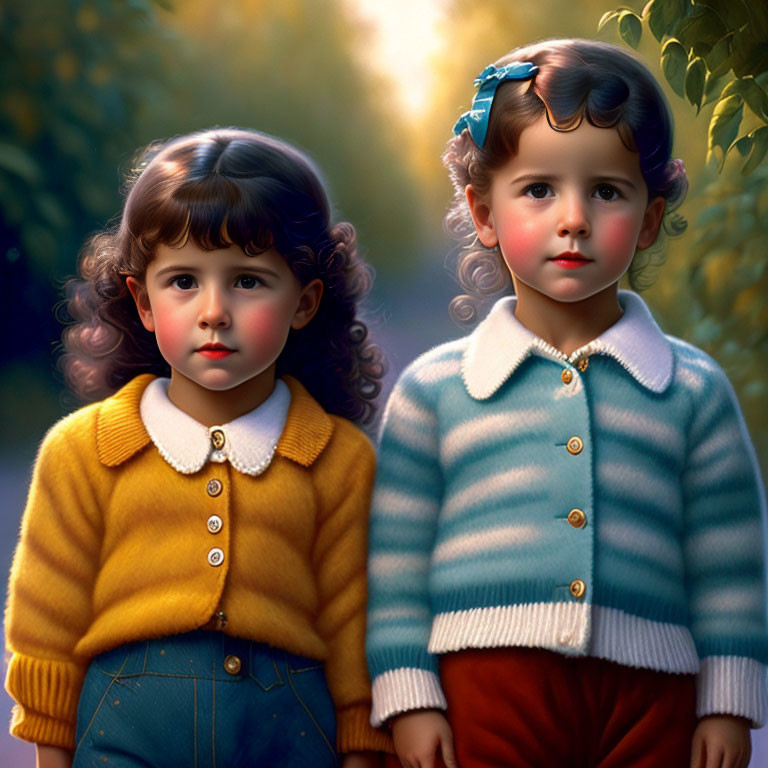 Curly-haired children in yellow and blue cardigans against soft-focused background