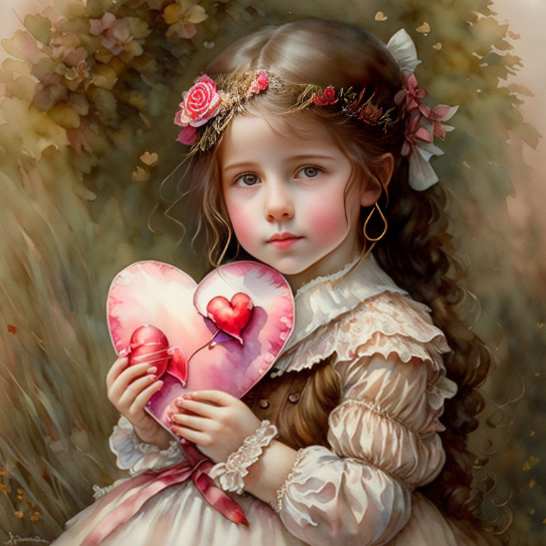 Young girl with floral headband holding heart-shaped object in warm-toned foliage.