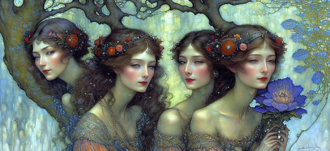 Ethereal women with ornate headbands merging with a tree in intricate foliage.