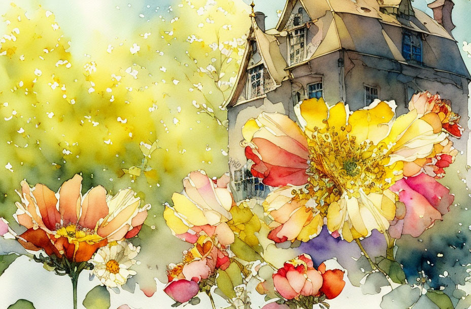 Vibrant flowers and quaint house in whimsical watercolor painting