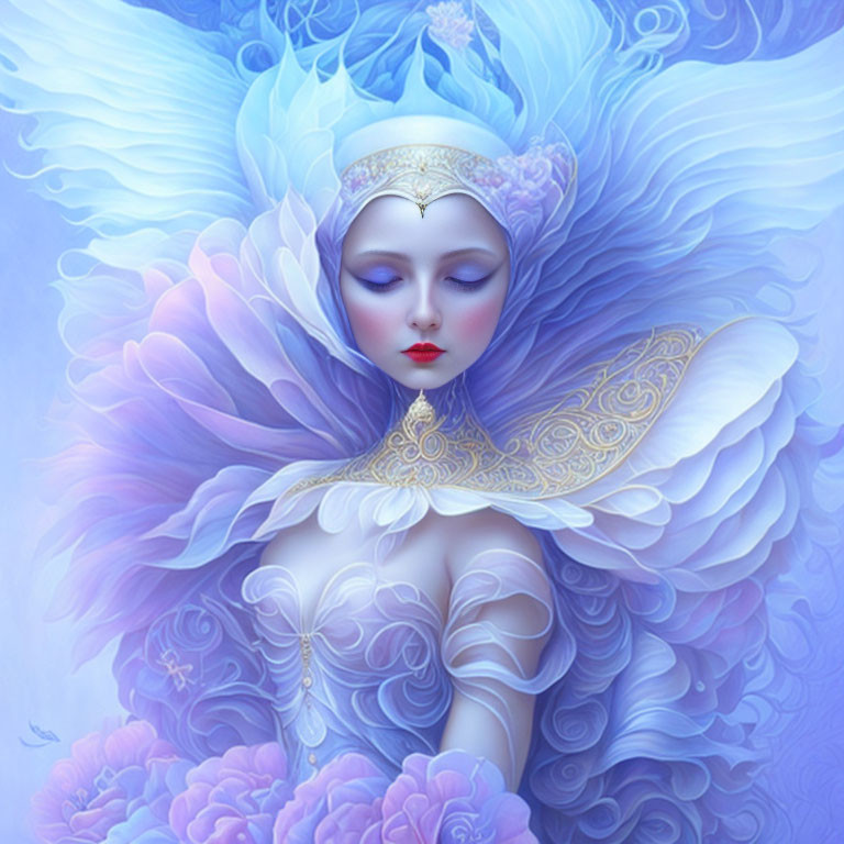 Ethereal artwork featuring figure with multi-layered angelic wings in blue and purple