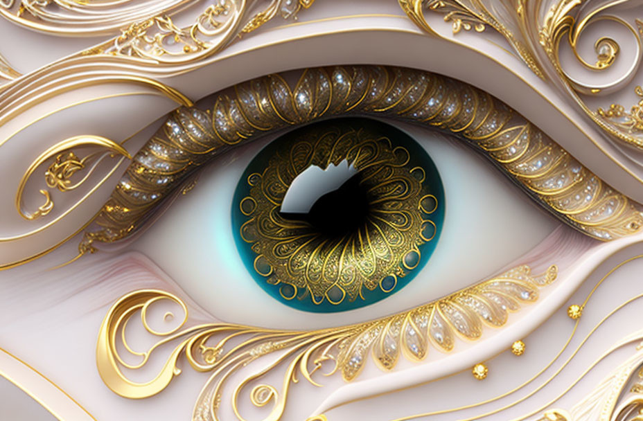 Surreal art: Elaborate gold filigree eye on creamy-white background