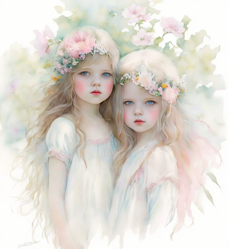 Two Girls in Floral Crowns and White Dresses on Dreamlike Watercolor Background