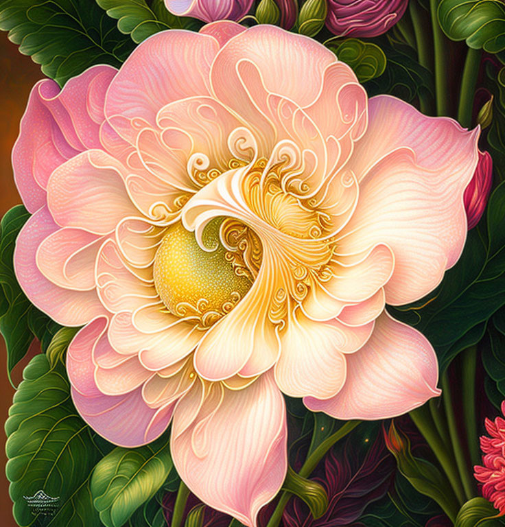 Colorful digital artwork of stylized flower with pink petals and golden center amidst lush greenery.