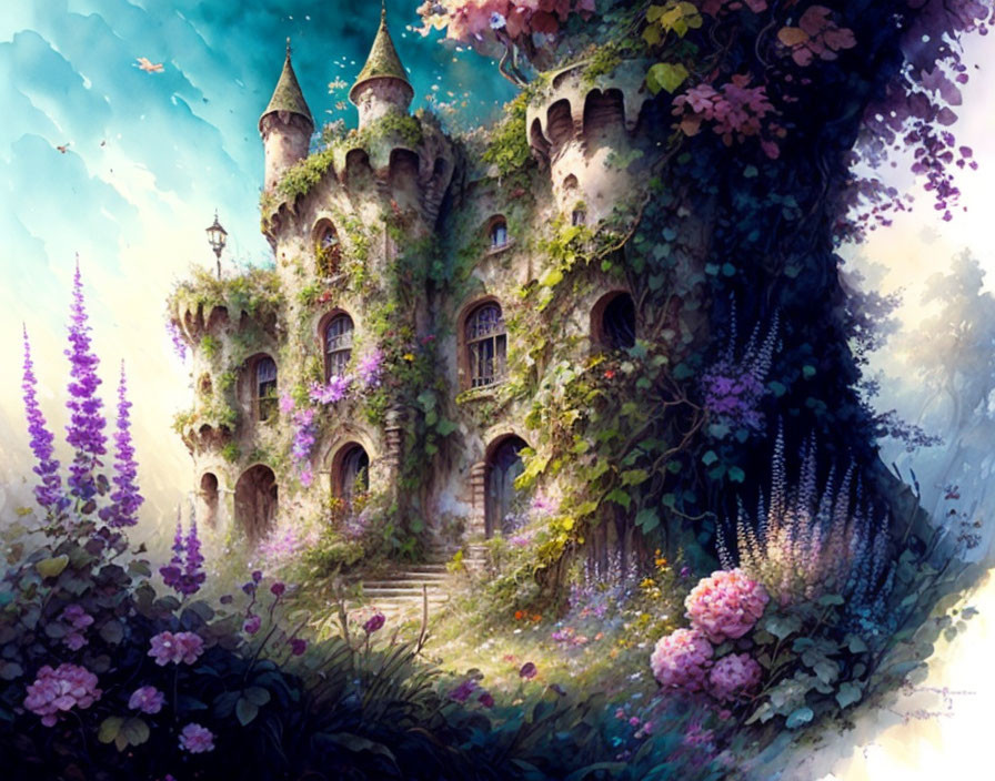 Majestic castle in lush greenery with vibrant flowers and mystical light