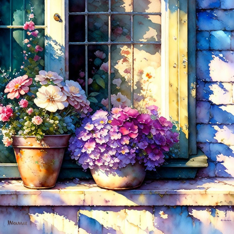 Colorful flower pots by window with reflections and shadows on blue wall