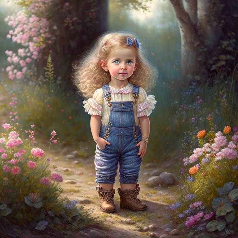 Young girl with curly blonde hair in denim overalls on forest path