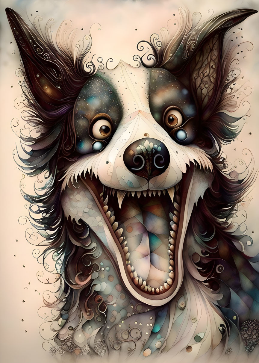 Exaggerated joyful dog with intricate cosmic patterns