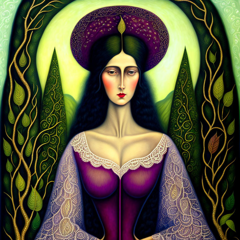 Stylized portrait of woman in purple medieval attire with halo, set against leafy backdrop