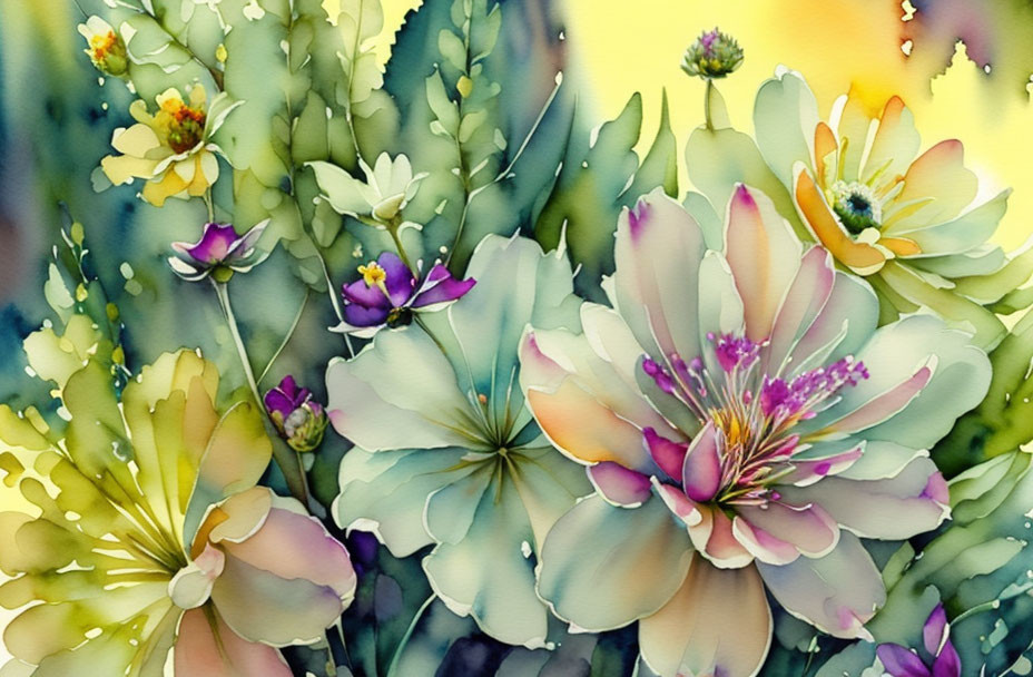 Vibrant watercolor painting of blooming flowers in soft hues against colorful backdrop