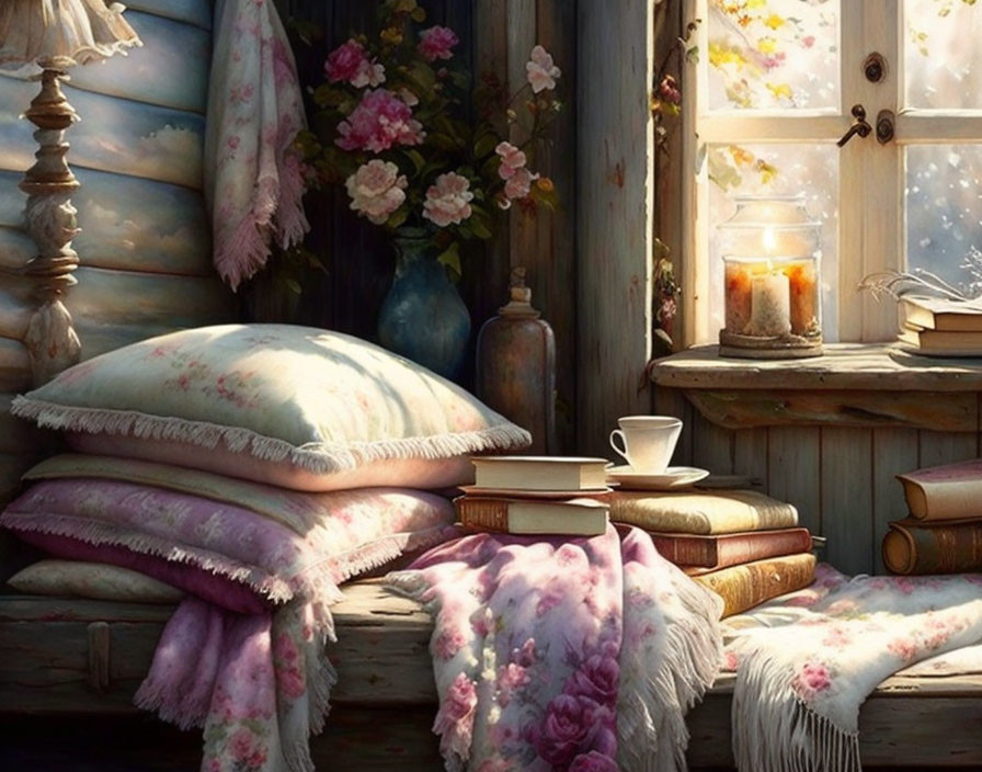 Cozy Reading Nook with Pillows, Books, Coffee, and Candles